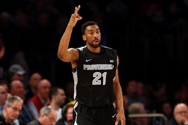 NEW YORK, NY - MARCH 13: Jalen Lindsey #21 of the Providence Friars reacts after hitting a three point shot against the Villanova Wildcats during a semifinal game of the Big East basketball tournament at Madison Square Garden on March 13, 2015 in New York City.  (Photo by Elsa/Getty Images)