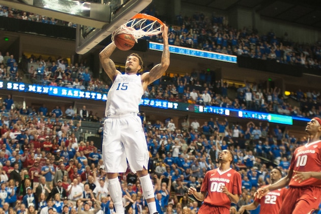 Mar 15, 2015; Nashville, TN, USA; Kentucky Wildcats forward Willie Cauley-Stein (15) dunks the ball during the first half of the SEC Conference championship game against Arkansas Razorbacks at Bridgestone Arena. Mandatory Credit: Joshua Lindsey-USA TODAY Sports