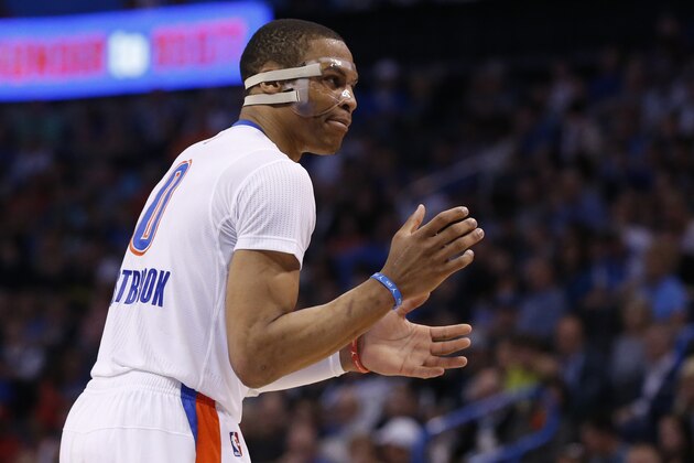 Oklahoma City Thunder guard Russell Westbrook (0) gestures to an official during an NBA basketball game between the Chicago Bulls and the Oklahoma City Thunder in Oklahoma City, Sunday, March 15, 2015. Oklahoma City won 109-100. (AP Photo/Sue Ogrocki)