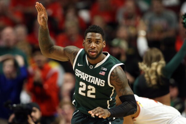 Mar 14, 2015; Chicago, IL, USA; Michigan State Spartans guard/forward Branden Dawson (22) reacts after making a basket against the Maryland Terrapins during the second half in the semifinals of the Big Ten Tournament at United Center. Mandatory Credit: Jerry Lai-USA TODAY Sports
