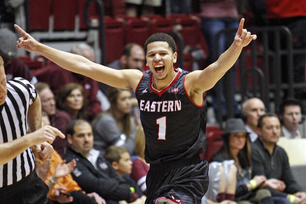 Eastern Washington guard Tyler Harvey(1) celebrates in the closing seconds  of an NCAA college basketball game against Montana in the Championship of Big Sky Conference tournament in Missoula, Mont., Saturday, March 14, 2015. Eastern Washington won 69-65. (AP Photos/Michael Albans)
