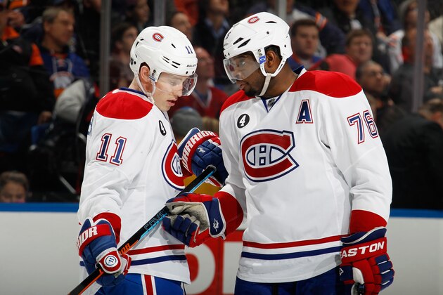 UNIONDALE, NY - MARCH 14: Brendan Gallagher #11 and P.K. Subban #76 of the Montreal Canadiens confer during a break in the first period against the New York Islanders at the Nassau Veterans Memorial Coliseum on March 14, 2015 in Uniondale, New York.  (Photo by Bruce Bennett/Getty Images)