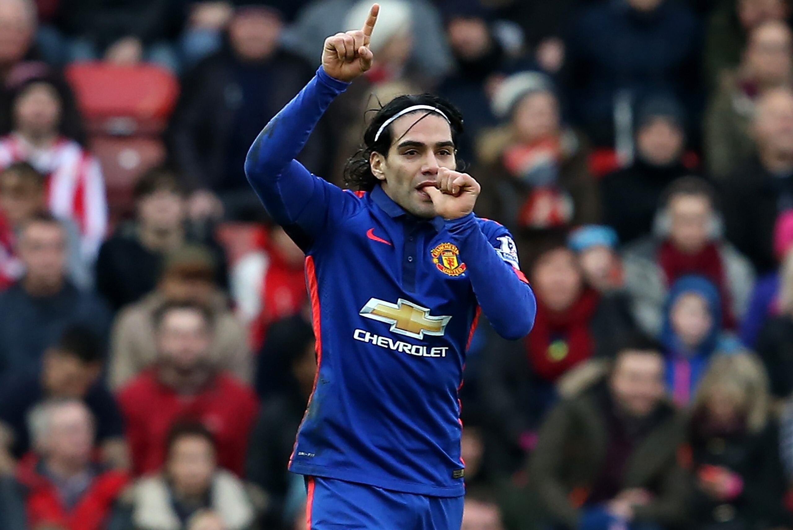 STOKE ON TRENT, ENGLAND - JANUARY 01:  Radamel Falcao of Manchester United  celebrates scoring his team's first goal during the Barclays Premier League match between Stoke City and Manchester United at Britannia Stadium on January 1, 2015 in Stoke on Trent, England.  (Photo by Jan Kruger/Getty Images)