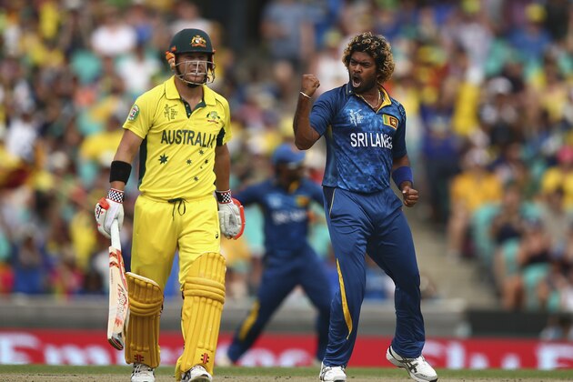 SYDNEY, AUSTRALIA - MARCH 08:  Lasith Malinga of Sri Lanka celebrates after taking the wicket of David Warner of Australia during the 2015 ICC Cricket World Cup match between Australia and Sri Lanka at Sydney Cricket Ground on March 8, 2015 in Sydney, Australia.  (Photo by Ryan Pierse/Getty Images)