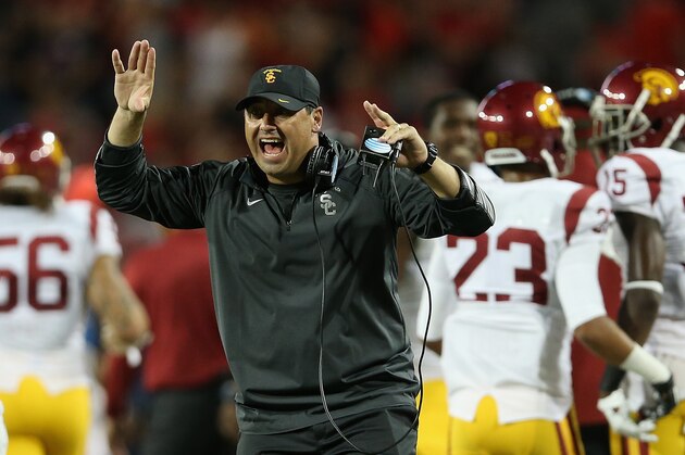 TUCSON, AZ - OCTOBER 11:  Head coach Steve Sarkisian of the USC Trojans on the sidelines during the college football game against the Arizona Wildcats at Arizona Stadium on October 11, 2014 in Tucson, Arizona.  The Trojans defeatred the Wildcats 28-26.  (Photo by Christian Petersen/Getty Images)