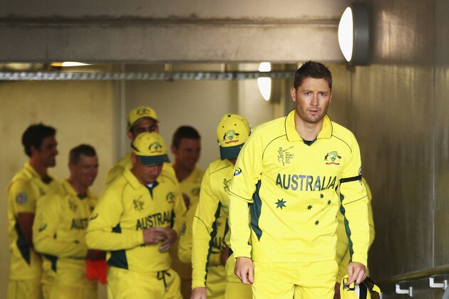 HOBART, AUSTRALIA - MARCH 14:  Michael Clarke of Australia leads his team out during the 2015 Cricket World Cup match between Australia and Scotland at Bellerive Oval on March 14, 2015 in Hobart, Australia.  (Photo by Ryan Pierse/Getty Images)