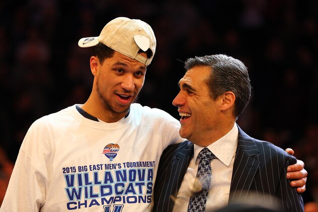 NEW YORK, NY - MARCH 14: Josh Hart #3 celebrates with head coach Jay Wright of the Villanova Wildcats after defeating the Xavier Musketeers 69-52 in the championship game of the Big East basketball tournament at Madison Square Garden on March 14, 2015 in New York City.  (Photo by Elsa/Getty Images)