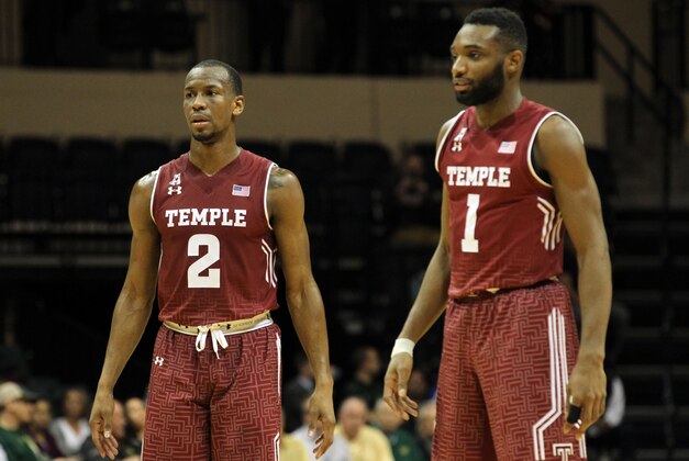 Feb 4, 2015; Tampa, FL, USA; Temple Owls guard Will Cummings (2) and Temple Owls guard Josh Brown (1) against the South Florida Bulls during the second half at USF Sun Dome. Temple Owls defeated the South Florida Bulls 61-48. Mandatory Credit: Kim Klement-USA TODAY Sports
