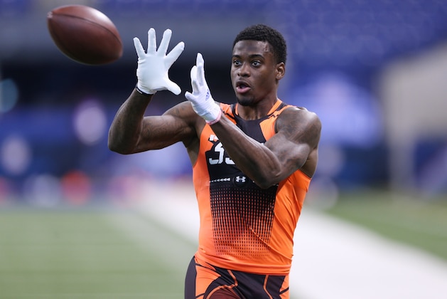 Feb 21, 2015; Indianapolis, IN, USA; Louisville Cardinals wide receiver Devante Parker catches a pass during the 2015 NFL Combine at Lucas Oil Stadium. Mandatory Credit: Brian Spurlock-USA TODAY Sports