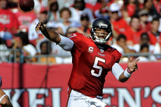 Tampa Bay Buccaneers quarterback Josh Freeman (5) throws to an open receiver during an NFL football game against the Houston Texans Sunday, Oct. 16, 2011, in Tampa, Fla. (AP Photo/Brian Blanco)