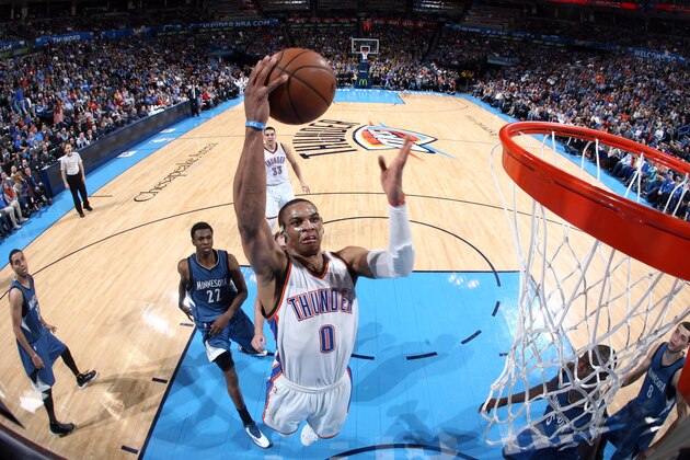 OKLAHOMA CITY, OK - MARCH 13: Russell Westbrook #0 of the Oklahoma City Thunder shoots against the Minnesota Timberwolves on March 13, 2015 at the Chesapeake Energy Arena in Oklahoma City, Oklahoma. NOTE TO USER: User expressly acknowledges and agrees that, by downloading and or using this Photograph, user is consenting to the terms and conditions of the Getty Images License Agreement. Mandatory Copyright Notice: Copyright 2015 NBAE (Photo by Layne Murdoch/NBAE via Getty Images)