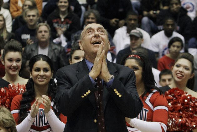 Basketball announcer Dick Vitale looks skyward during a court dedication in his honor at Detroit Mercy in Detroit, Monday, Dec. 5, 2011. Vitale guided the Titans to 78 victories in five seasons at the University of Detroit, as it then was called, when he coached the team  (AP Photo/Carlos Osorio)