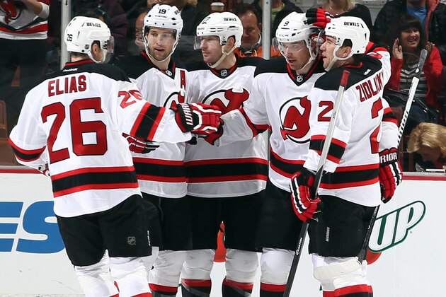 ANAHEIM, CA - JANUARY 16:  Patrik Elias #26, Travis Zajac #19, Michael Ryder #17 and Marek Zidlicky #2 celebrate a goal by Martin Havlat #9 of the New Jersey Devils against the Anaheim Ducks on January 16, 2015 at Honda Center in Anaheim, California. (Photo by Debora Robinson/NHLI via Getty Images)