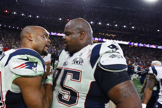 Feb 1, 2015; Glendale, AZ, USA; New England Patriots running back Shane Vereen (34) celebrates with defensive tackle Vince Wilfork (75) after defeating the Seattle Seahawks in Super Bowl XLIX at University of Phoenix Stadium. Mandatory Credit: Mark J. Rebilas-USA TODAY Sports