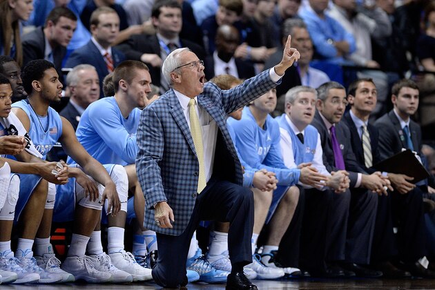 GREENSBORO, NC - MARCH 14:  Head coach Roy Williams of the North Carolina Tar Heels directs his team during a loss to the Notre Dame Fighting Irish in the championship game of the ACC Basketball Tournament at Greensboro Coliseum on March 14, 2015 in Greensboro, North Carolina.  (Photo by Grant Halverson/Getty Images)