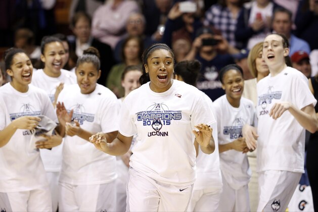 Mar 9, 2015; Uncasville, CT, USA; Connecticut Huskies forward Morgan Tuck (3) reacts as she is called to receive her team watch after the Huskies defeated the South Florida Bulls during the final round of the American Conference Tournament at Mohegan Sun Arena. UConn defeated USF 84-70 Mandatory Credit: David Butler II-USA TODAY Sports