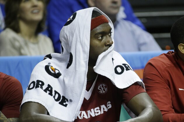 Arkansas forward Bobby Portis sits on the bench during the second half of the NCAA college basketball Southeastern Conference tournament championship game against Kentucky, Sunday, March 15, 2015, in Nashville, Tenn. Kentucky won 78-63. (AP Photo/Mark Humphrey)