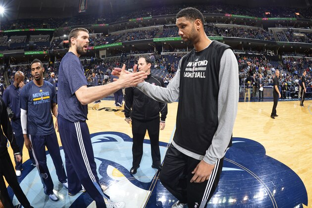MEMPHIS, TN - DECEMBER 30:  Marc Gasol #33 of the Memphis Grizzlies and Tim Duncan #21 of the San Antonio Spurs before the game on December 30, 2014 at FedExForum in Memphis, Tennessee. NOTE TO USER: User expressly acknowledges and agrees that, by downloading and or using this photograph, User is consenting to the terms and conditions of the Getty Images License Agreement. Mandatory Copyright Notice: Copyright 2014 NBAE (Photo by David Dow/NBAE via Getty Images)