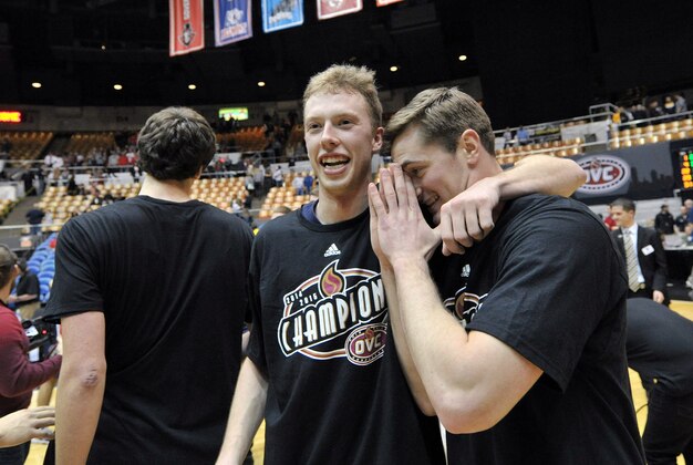 Mar 7, 2015; Nashville, TN, USA; Belmont Bruins guard Evan Bradds (35) (left) and teammate Belmont Bruins guard Jeff Laidig (43) (right) celebrate defeating the Murray State Racers 88-87 in the final game off the OVC tournament at Nashville Municipal Auditorium. Mandatory Credit: Jim Brown-USA TODAY Sports