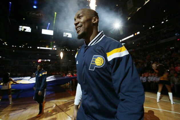 INDIANAPOLIS, IN - MARCH 16: David West #21 of the Indiana Pacers is introduced before the game against the Toronto Raptors on March 16, 2015 at Bankers Life Fieldhouse in Indianapolis, Indiana. NOTE TO USER: User expressly acknowledges and agrees that, by downloading and/or using this photograph, User is consenting to the terms and conditions of the Getty Images License Agreement. Mandatory Copyright Notice: Copyright 2015 NBAE (Photo by Ron Hoskins/NBAE via Getty Images)