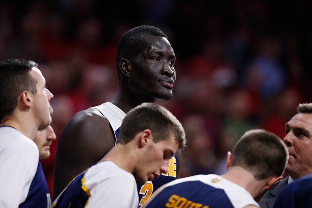 TUCSON, AZ - NOVEMBER 19:  Mamadou Ndiaye #34 of the UC Irvine Anteaters stands in the huddle during a break from the second half of the college basketball game against the Arizona Wildcats at McKale Center on November 19, 2014 in Tucson, Arizona. The Wildcats defeated the Anteaters 71-54.  (Photo by Christian Petersen/Getty Images)
