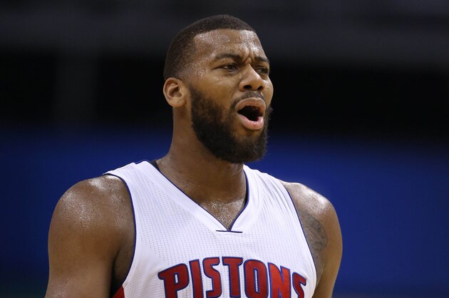 Feb 4, 2015; Indianapolis, IN, USA; Detroit Pistons forward Greg Monroe (10) complains about a foul call in a game against the Indiana Pacers at Bankers Life Fieldhouse. Indiana defeats Detroit 114-109. Mandatory Credit: Brian Spurlock-USA TODAY Sports