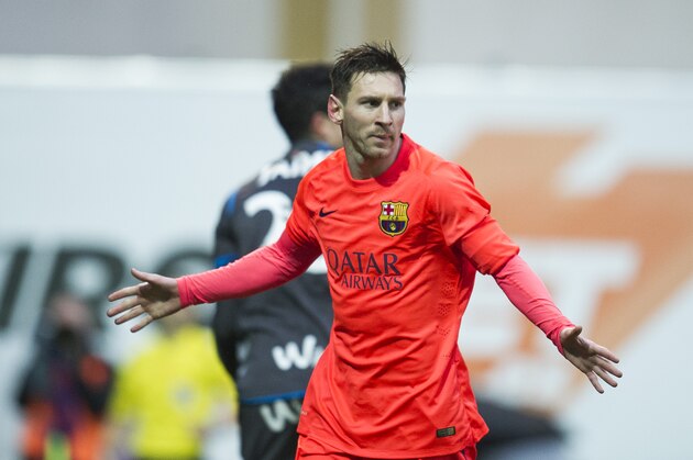 EIBAR, SPAIN - MARCH 14:  Lionel Messi of FC Barcelona celebrates after scoring during the La Liga match between SD Eibar and FC Barcelona at Ipurua Municipal Stadium on March 14, 2015 in Eibar, Spain.  (Photo by Juan Manuel Serrano Arce/Getty Images)