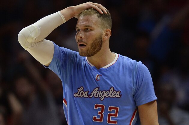 Los Angeles Clippers forward Blake Griffin (32) reacts after an he is given an offensive foul during the fourth quarter against the Houston Rockets of a NBA basketball game in Los Angeles, Sunday, March 15, 2015. The Houston Rockets won 100-98. (AP Photo/Kelvin Kuo)