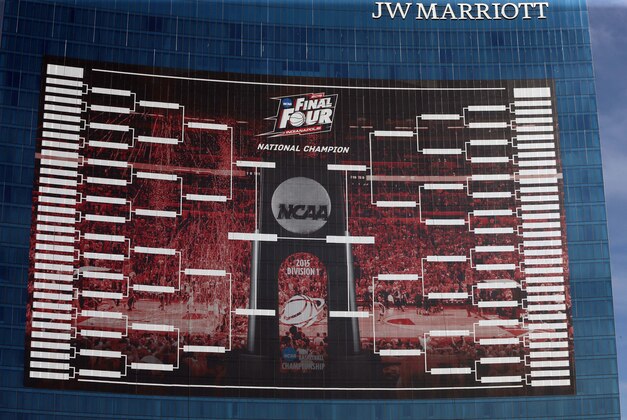 Mar 16, 2015; Indianapolis, IN, USA; A large banner displaying the NCAA Mens Basketball Championship bracket is on the front of the J.W. Marriott hotel in downtown Indianapolis. Mandatory Credit: Brian Spurlock-USA TODAY Sports
