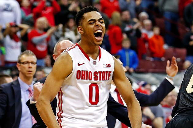 COLUMBUS, OH - MARCH 1:  D'Angelo Russell #0 of the Ohio State Buckeyes celebrates after Kam Williams #15 of the Ohio State Buckeyes hit a pair of free throws to seal Ohio State's comeback victory over the Purdue Boilermakers at Value City Arena on March 1, 2015 in Columbus, Ohio. Ohio State defeated Purdue 65-61. (Photo by Kirk Irwin/Getty Images)