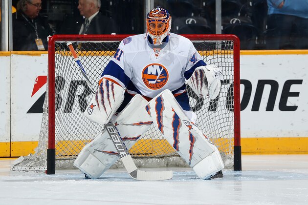 NASHVILLE, TN - MARCH 5: Jaroslav Halak #41 of the New York Islanders warms up against the Nashville Predators during an NHL game at Bridgestone Arena on March 5, 2015 in Nashville, Tennessee. (Photo by John Russell/NHLI via Getty Images)
