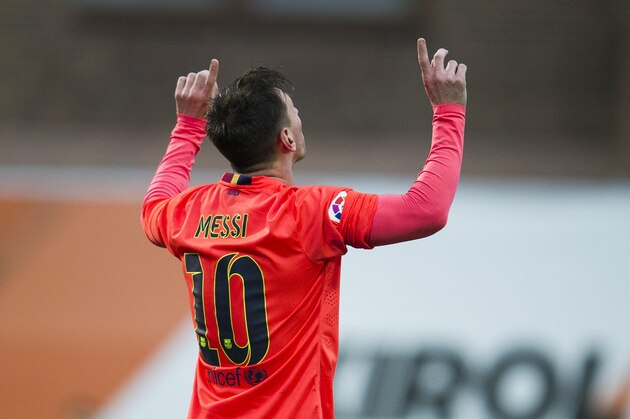 EIBAR, SPAIN - MARCH 14:  Lionel Messi of FC Barcelona celebrates after scoring during the La Liga match between SD Eibar and FC Barcelona at Ipurua Municipal Stadium on March 14, 2015 in Eibar, Spain.  (Photo by Juan Manuel Serrano Arce/Getty Images)