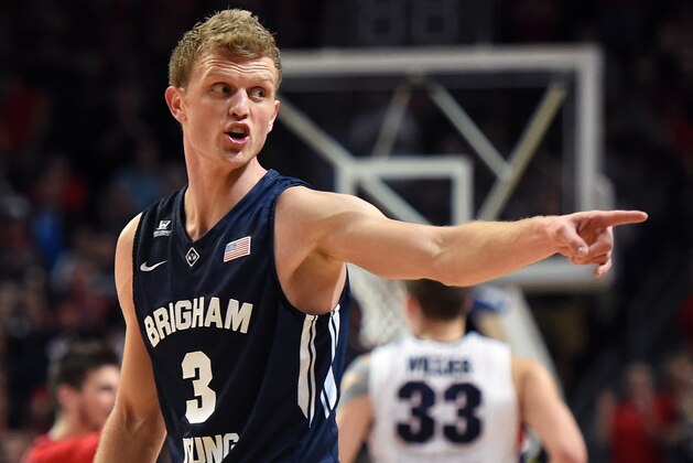 LAS VEGAS, NV - MARCH 10:  Tyler Haws #3 of the Brigham Young Cougars points at an official while arguing a call during the championship game of the West Coast Conference Basketball tournament against the Gonzaga Bulldogs at the Orleans Arena on March 10, 2015 in Las Vegas, Nevada. Gonzaga won 91-75.  (Photo by Ethan Miller/Getty Images)