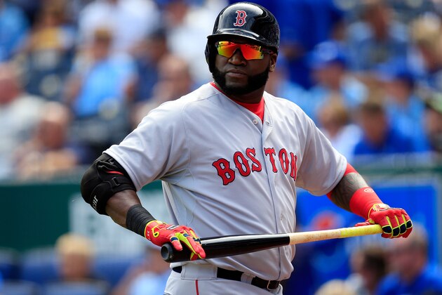 KANSAS CITY, MO - SEPTEMBER 14:  David Ortiz #34 of the Boston Red Sox looks back as he walks off the field after striking out during the 3rd inning of the game against the Kansas City Royals at Kauffman Stadium on September 14, 2014 in Kansas City, Missouri.  (Photo by Jamie Squire/Getty Images)