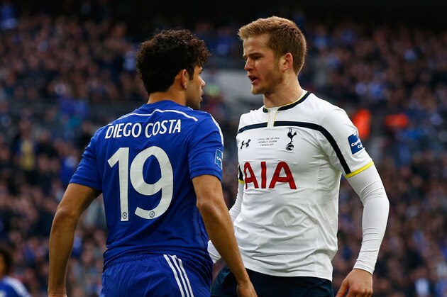 LONDON, ENGLAND - MARCH 01:  Eric Dier of Spurs squares up to Diego Costa of Chelsea  during the Capital One Cup Final match between Chelsea and Tottenham Hotspur at Wembley Stadium on March 1, 2015 in London, England.  (Photo by Clive Rose/Getty Images)