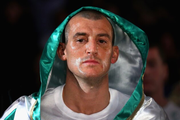 LIVERPOOL, ENGLAND - MARCH 06:  Derry Mathews makes his way in to the ring to face Gyorgy Mezei Jnr during the Lightweight Contest between Derry Mathews and Gyorgy Mezei Jnr at the Echo Arena on March 6, 2015 in Liverpool, England.  (Photo by Alex Livesey/Getty Images)