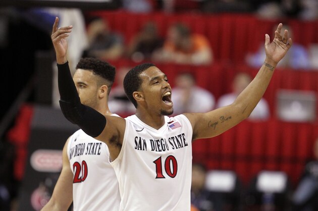 San Diego State's Aqeel Quinn reacts in the final moments of the second half of an NCAA college basketball game against UNLV in the quarterfinal round of the Mountain West Conference tournament Thursday, March 12, 2015, in Las Vegas. San Diego State defeated UNLV 67-64. (AP Photo/Isaac Brekken)