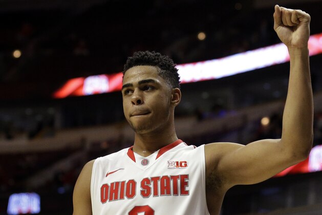 Ohio State's D'Angelo Russell (0) celebrates after an NCAA college basketball game against Minnesota in the second round of the Big Ten Conference tournament, Thursday, March 12, 2015, in Chicago. Ohio State won 79-73. (AP Photo/Nam Y. Huh)