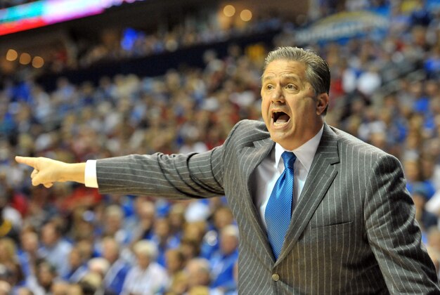Mar 15, 2015; Nashville, TN, USA; Kentucky Wildcats coach John Calipari during the first half of the SEC Conference Championship game against thge Arkansas Razorbacks at Bridgestone Arena. Mandatory Credit: Jim Brown-USA TODAY Sports