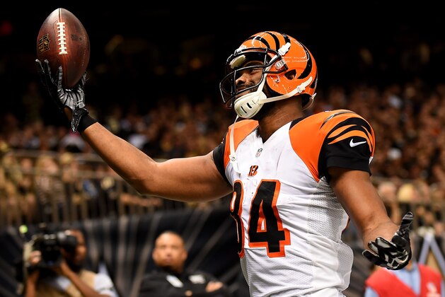 NEW ORLEANS, LA - NOVEMBER 16:  Jermaine Gresham #84 of the Cincinnati Bengals celebrates his touchdown during the second half against the New Orleans Saints at Mercedes-Benz Superdome on November 16, 2014 in New Orleans, Louisiana.  (Photo by Stacy Revere/Getty Images)