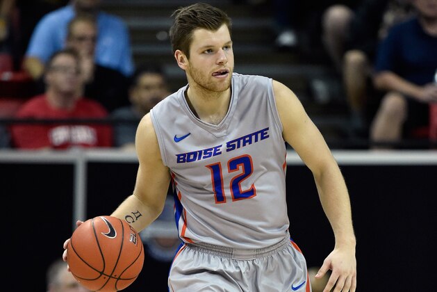 LAS VEGAS, NV - MARCH 13:  Igor Hadziomerovic #12 of the Boise State Broncos brings the ball up court during a semifinal game of the Mountain West Conference basketball tournament against the Wyoming Cowboys at the Thomas & Mack Center on March 13, 2015 in Las Vegas, Nevada.  (Photo by David Becker/Getty Images)