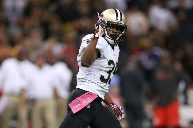 NEW ORLEANS, LA - OCTOBER 05:  Travaris Cadet #39 of the New Orleans Saints reacts against the Tampa Bay Buccaneers at the Mercedes-Benz Superdome on October 5, 2014 in New Orleans, Louisiana.  (Photo by Chris Graythen/Getty Images)