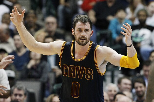 Cleveland Cavaliers forward Kevin Love celebrates a steal and layup during the second half of the Cavaliers' NBA basketball game against the Dallas Mavericks, Tuesday, March 10, 2015, in Dallas. Cleveland won 127-94. (AP Photo/Brandon Wade)