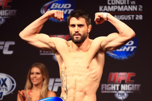 Aug 27, 2013; Indianapolis, IN, USA; Carlos Condit during weigh-ins for the upcoming UFC Fight Night 27 at Bankers Life Fieldhouse. Mandatory Credit: Pat Lovell-USA TODAY Sports
