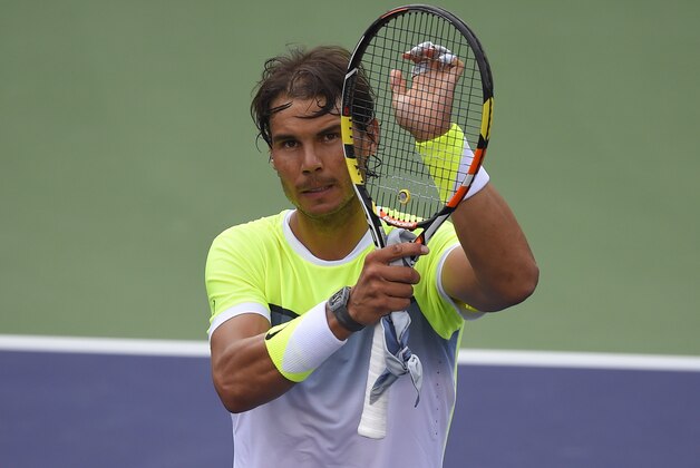 Rafael Nadal, of Spain, reacts to his win over Donald Young after their match at the BNP Paribas Open tennis tournament, Tuesday, March 17, 2015 in Indian Wells, Calif. Nadal won 6-4, 6-2. (AP Photo/Mark J. Terrill)