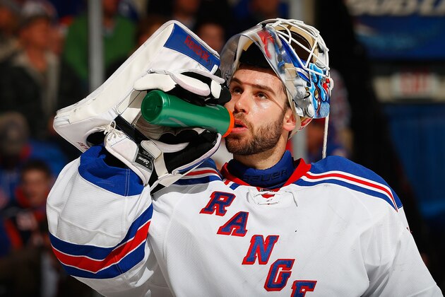UNIONDALE, NY - MARCH 10:  Cam Talbot #33 of the New York Rangers skates against the New York Islanders at Nassau Veterans Memorial Coliseum on March 10, 2015 in Uniondale, New York.The New York Rangers defeated New York Islanders 2-1.  (Photo by Mike Stobe/NHLI via Getty Images)