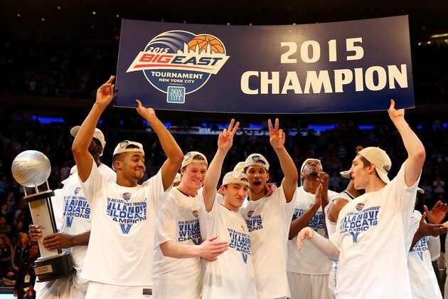NEW YORK, NY - MARCH 14:  The Villanova Wildcats celebrate after defeating the Xavier Musketeers 69-52 in the championship game of the Big East basketball tournament at Madison Square Garden on March 14, 2015 in New York City.  (Photo by Elsa/Getty Images)