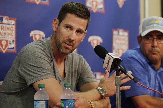 Philadelphia Phillies starting pitcher Cliff Lee speaks to members of the media about his elbow injury after the Phillies spring training baseball game in Clearwater, Fla., Monday, March 16, 2015. Lee has been placed on the 60-day disabled list by the Phillies to attempt to rehabilitate an elbow injury without surgery. The team announced Monday that an operation was recommended. (AP Photo/Kathy Willens)