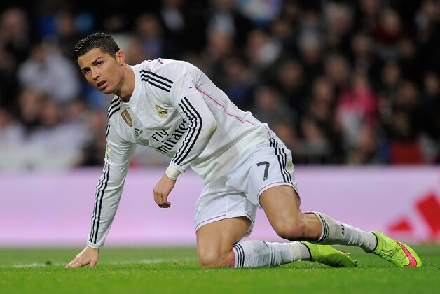 MADRID, SPAIN - MARCH 15:  Cristiano Ronaldo of Real Madrid gets up during the La Liga match between Real Madrid CF and Levante UD at Estadio Santiago Bernabeu on March 15, 2015 in Madrid, Spain.  (Photo by Denis Doyle/Getty Images)