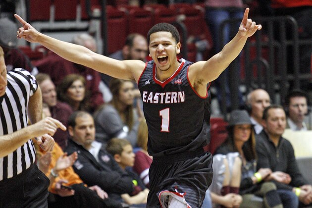 Eastern Washington guard Tyler Harvey(1) celebrates in the closing seconds  of an NCAA college basketball game against Montana in the Championship of Big Sky Conference tournament in Missoula, Mont., Saturday, March 14, 2015. Eastern Washington won 69-65. (AP Photos/Michael Albans)